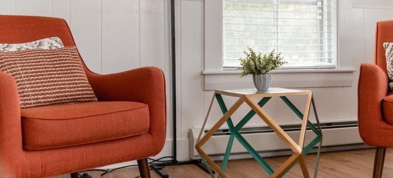 Colorful sofa and a coffee table