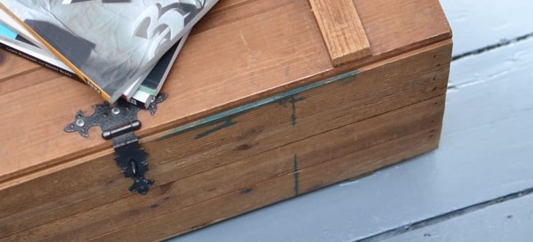 a magazine on a wooden crate