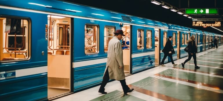 A man exiting the train in the metro