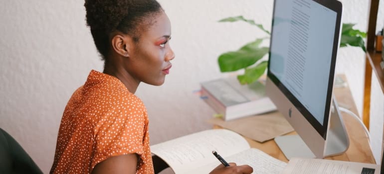 A woman looking at online reviews