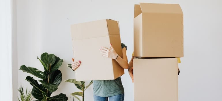 people holding up cardboard boxes